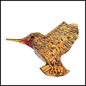 Harold‎ Mund Wood Burned Hummingbird Brooch Pin Signed Nature Art